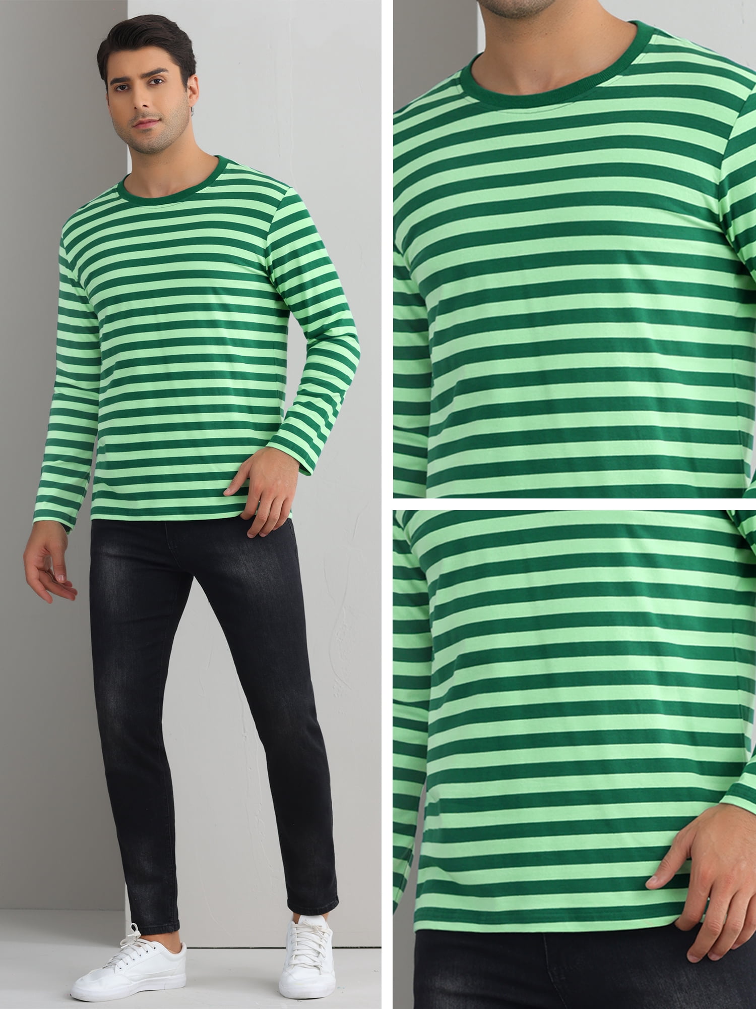 DARING DIVA Men's Striped Sweatshirts Stripes Long Sleeve Casual T-Shirt 2XL Green White