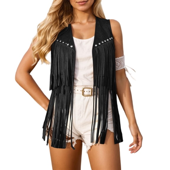 Women Fringe Vest 70s Hippie Suede Rivets Tassel Sleeveless Cowgirl Western Jacket Outerwear/Black/L