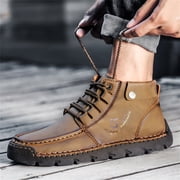 Xfvqtps Mens Ankle Boots British Large High Top Outdoor Loafers Lace Up Motorcycle Cowhide Fashion Casual Shoes Leather Shoes Trendy Large Size Breathable Driving Shoes Khaki
