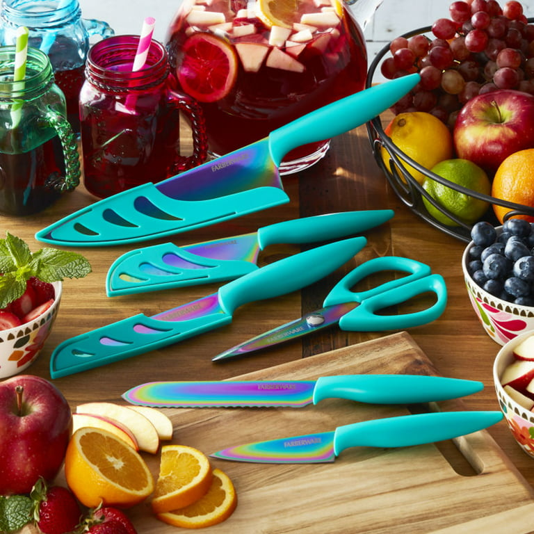 Farberware 11-piece Rainbow Iridescent Blades with Teal Handles and Sheath  Titanium Cutlery Set