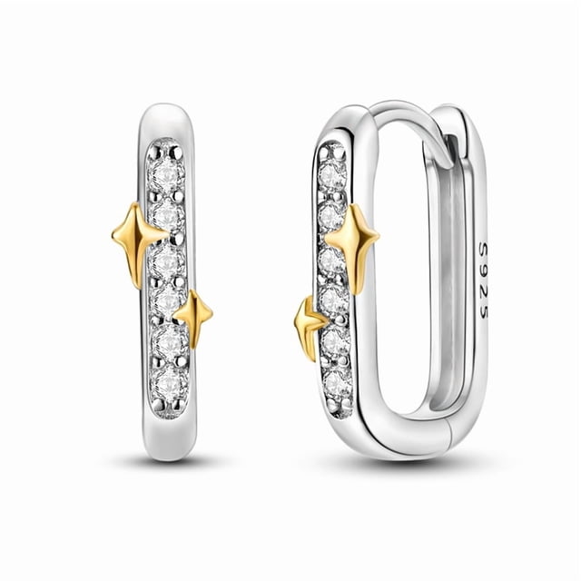 Clip de Oreja Rectangular con Estrella Dorada Incrustada de Piedra Bañado en Plata