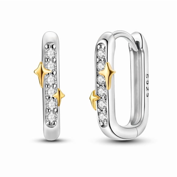 Clip de Oreja Rectangular con Estrella Dorada Incrustada de Piedra Bañado en Plata