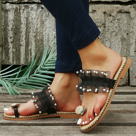 

Ykohkofe Sandals For Women Pearl Casual Slippers Ladies Sandals Pearl Mesh Ruffle Trim Pineapple Decor Toe Ri