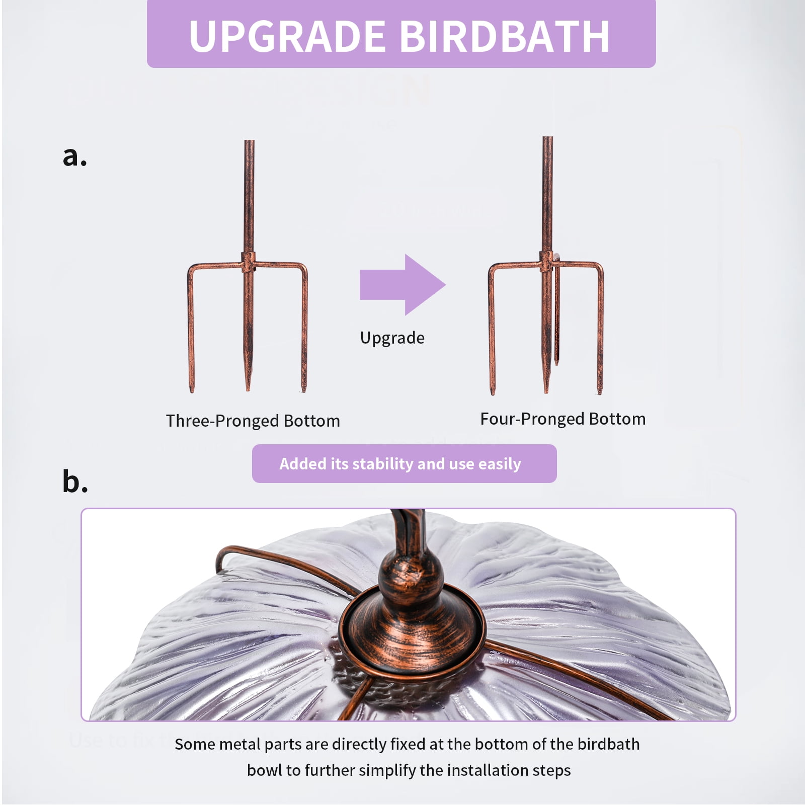 Outdoor Bird Bath,Flower-Shaped Glass Bird Bath, Metal Stand,Decorative Outdoor Garden Bird Feeder for Attracting Birds,Purple