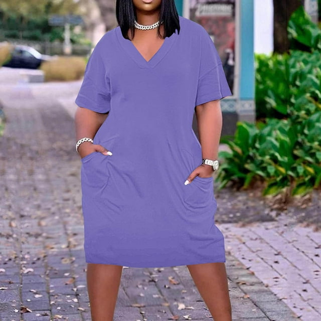 Elvqul Robe pour Femmes Été Robes Midi Col en V Vacances Manches Courtes Grande Taille Uni Violet Robe Débardeur pour Femmes