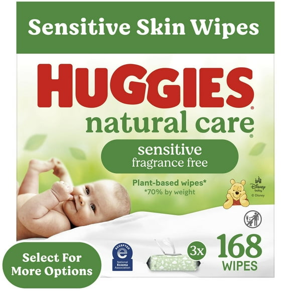 Lingettes pour bébés Huggies Natural Care pour peau sensible, NON PARFUMÉES, 3 emballages à couvercle rabattable, total de 168 lingettes