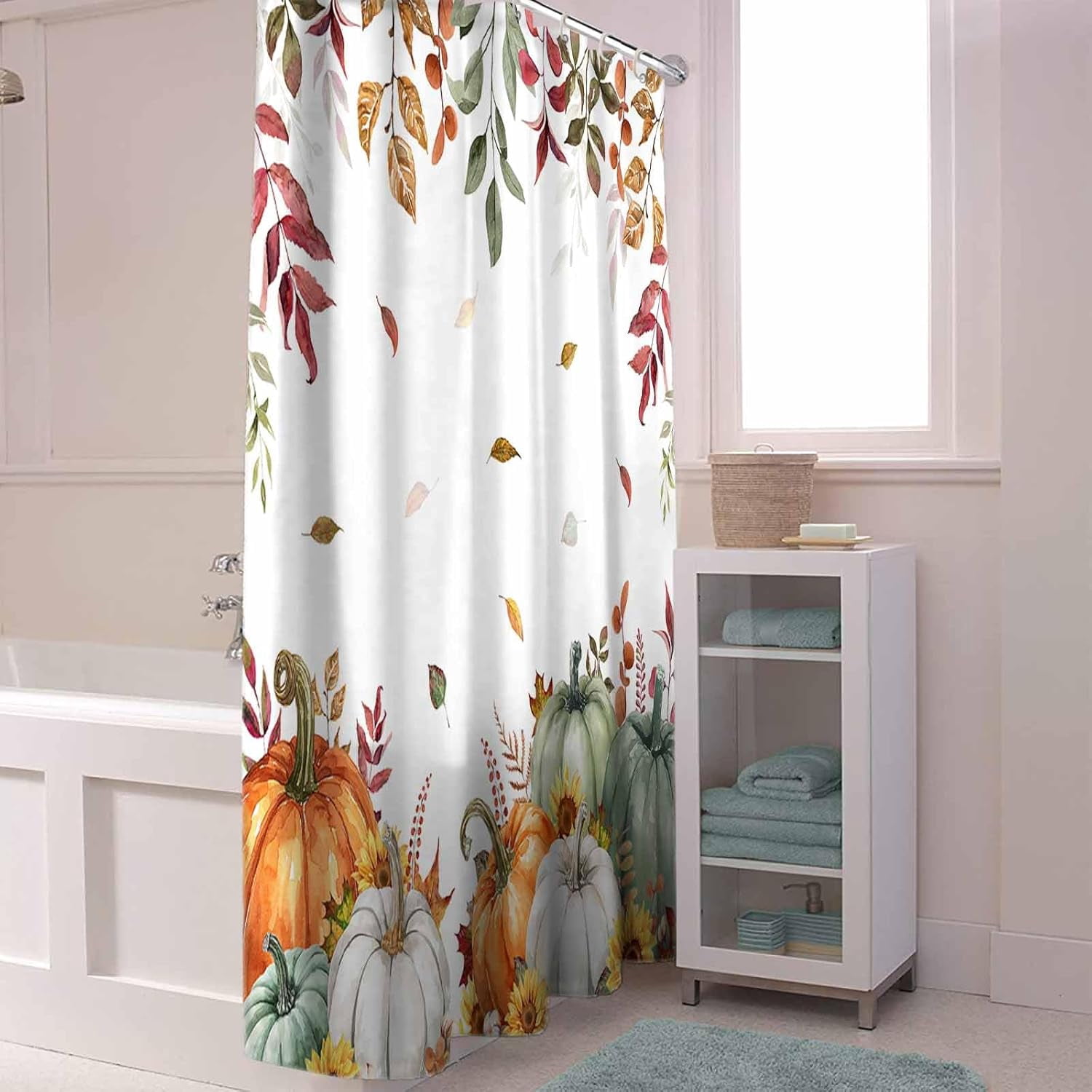 Fall Shower Curtain Sage Green Pumpkin Shower Curtains for Bathroom Sunflower Floral Eucalyptus Leaves Bath Curtains Sets with Hooks for Autumn Thanksgiving Seasonal Decor Extra Long 72" X 84"