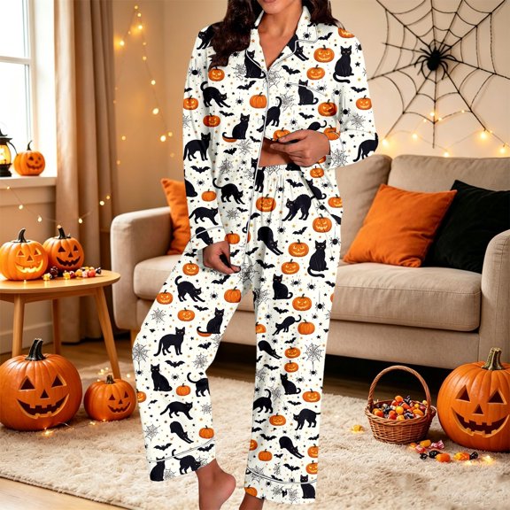 Womens Halloween Pajamas Ladies Seasonal Sleepwear Long Sleeve Top with Pants Soft Nightwear Ensemble Womens Pjs Sets White XXL