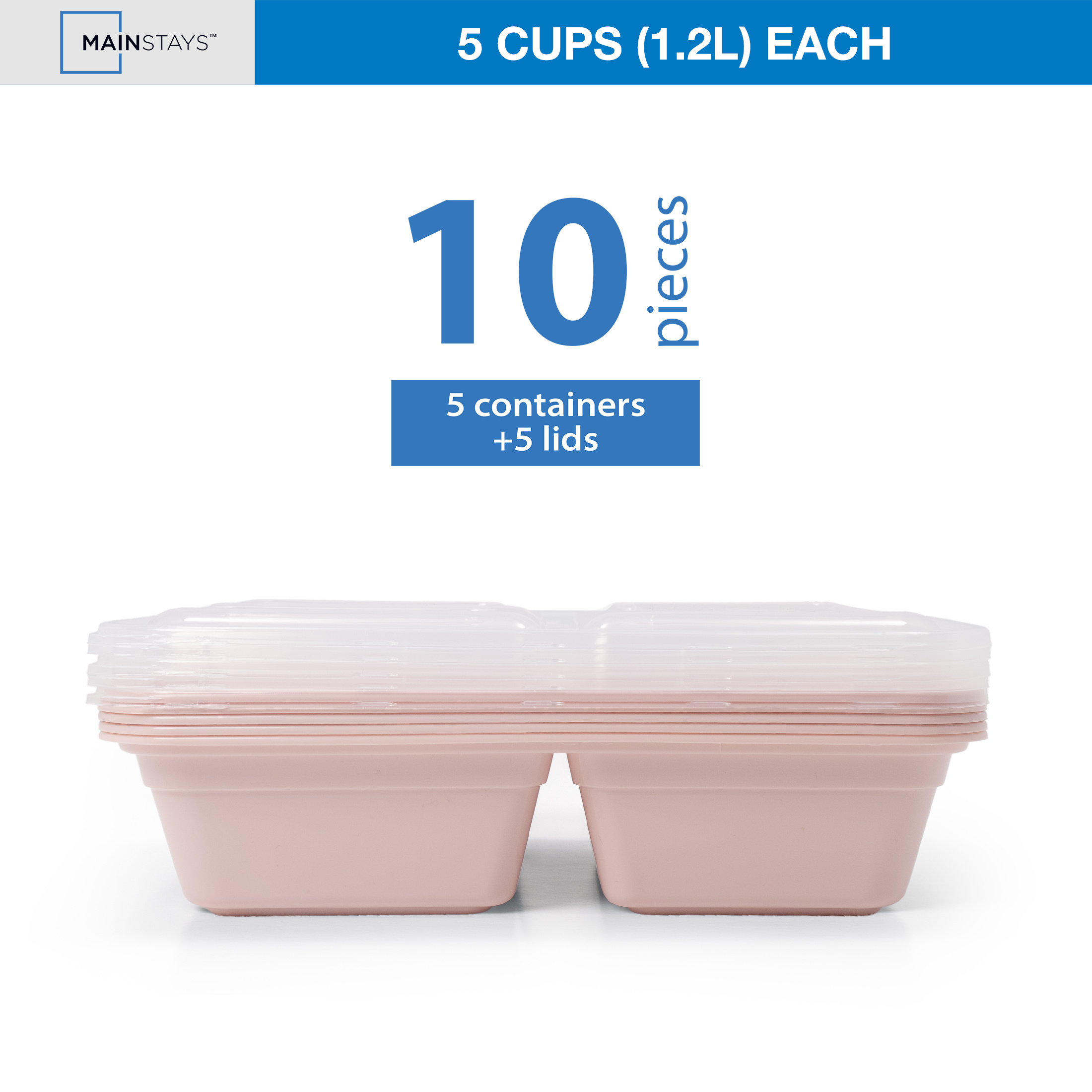 Mainstays 5-Pack 3-Compartment BPA-Free Plastic Meal Prep Food Storage Containers, 1.2L, Pink Blush