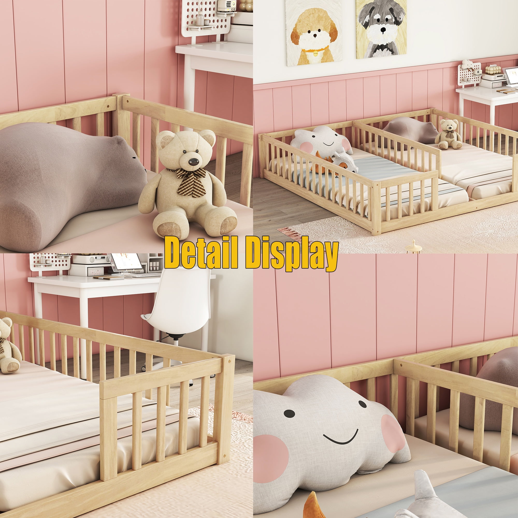 Bellemave Twin Floor Bed for 2, Wood Double Floor Bed with Fence,Two Montessori Bed Side by Side for Bedroom (Natural)