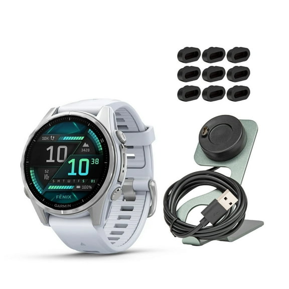 Garmin Fenix 8 43mm AMOLED GPS Smartwatch (Silver and Whitestone) Bundle with Portable Charger Stand and Charger Port Protectors (3 Items)