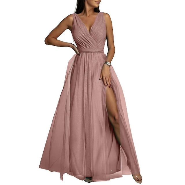 Vestido largo de dama de honor con cuello en V para mujer, vestido de baile de graduación, fiesta de noche, cóctel, vestidos largos divididos