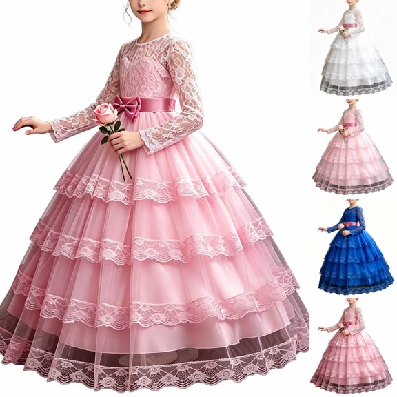 AHTJRT Vintage Princess Ball Gown for Girls Lace Embroidered Crew Neck Long Sleeve Layered Maxi Dresses A-Line Flower Dresses Pink 5-6 Years