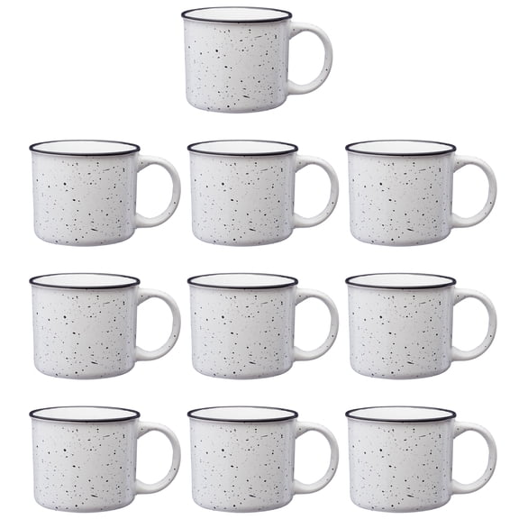 Ceramic Campfire Mug 13 oz. Set of 10, Bulk Pack - Speckled Camping Tea Cups - White