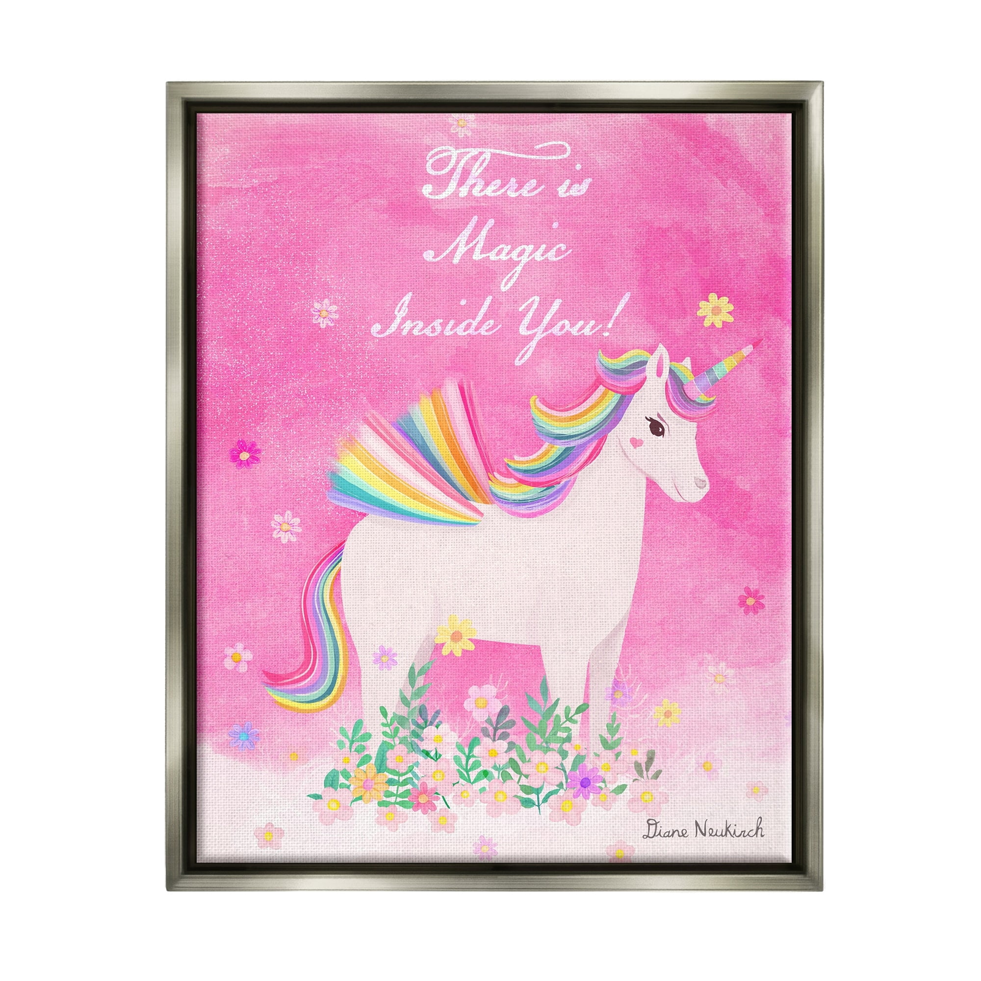 Stupell Industries Magic Inside You Motivational Unicorn Quote Botanical Blossoms Graphic Art Luster Gray Floating Framed Canvas Print Wall Art, Design by Diane Neukirch