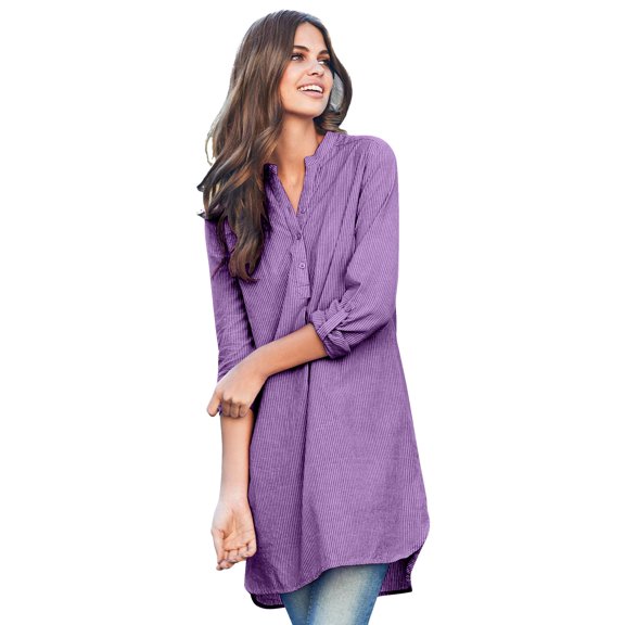 Ellos Women's Plus Size Striped Henley Tunic Oversized Long Top Wear with Leggings