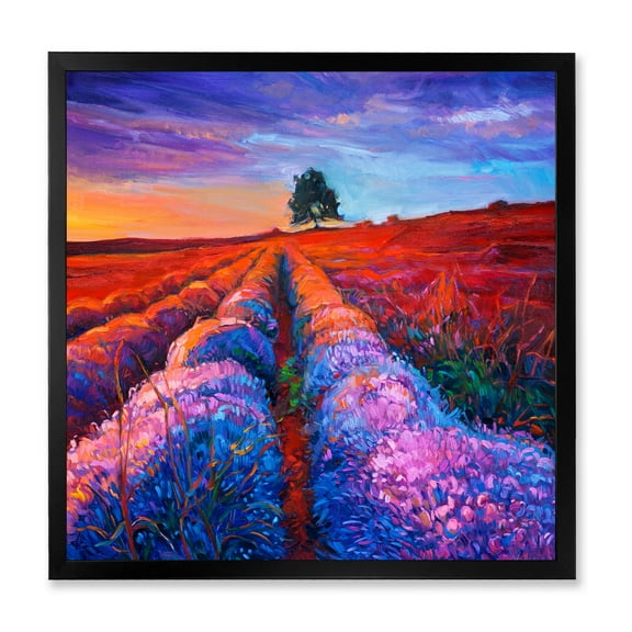 Designart 'Lavender Fields With Distant Tree & Sunset Glow' Farmhouse Framed Art Print
