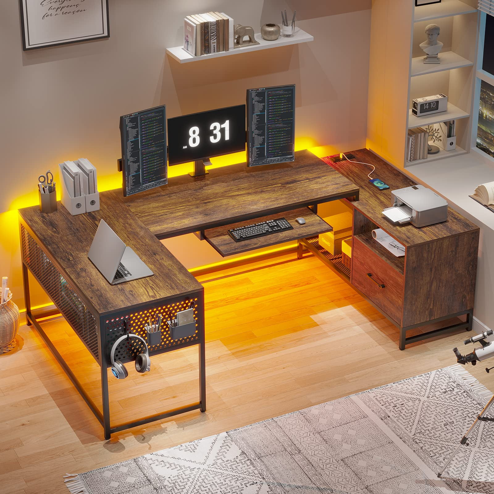 L Shaped Computer Desk with LED Light, Reversible U Shaped Gaming Desk