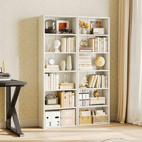 Casacomoda 6-Tier Tall Bookcase, Display Storage Bookshelf set of 2, Space-Saving Bookshelf for Living Room, Bedroom, Home Office, Vintage White, 2-Pack