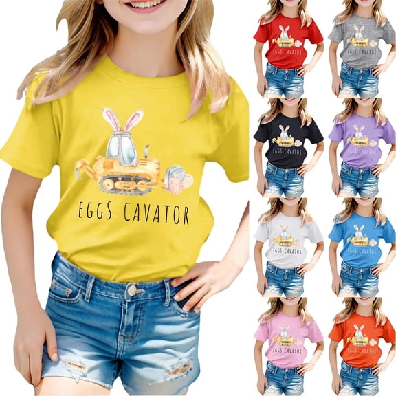Kids Easter Shirts Boys Girls Eggs Cavator Shirt Funny Cute Bunny Excavator Graphic Tees Boys Girls Short Sleeve Tops Light Pink, 12-13 Years