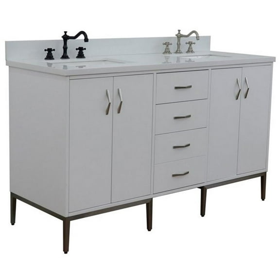 Tivoli 61" Double Rectangle Sink Vanity in White/White Quartz Stone