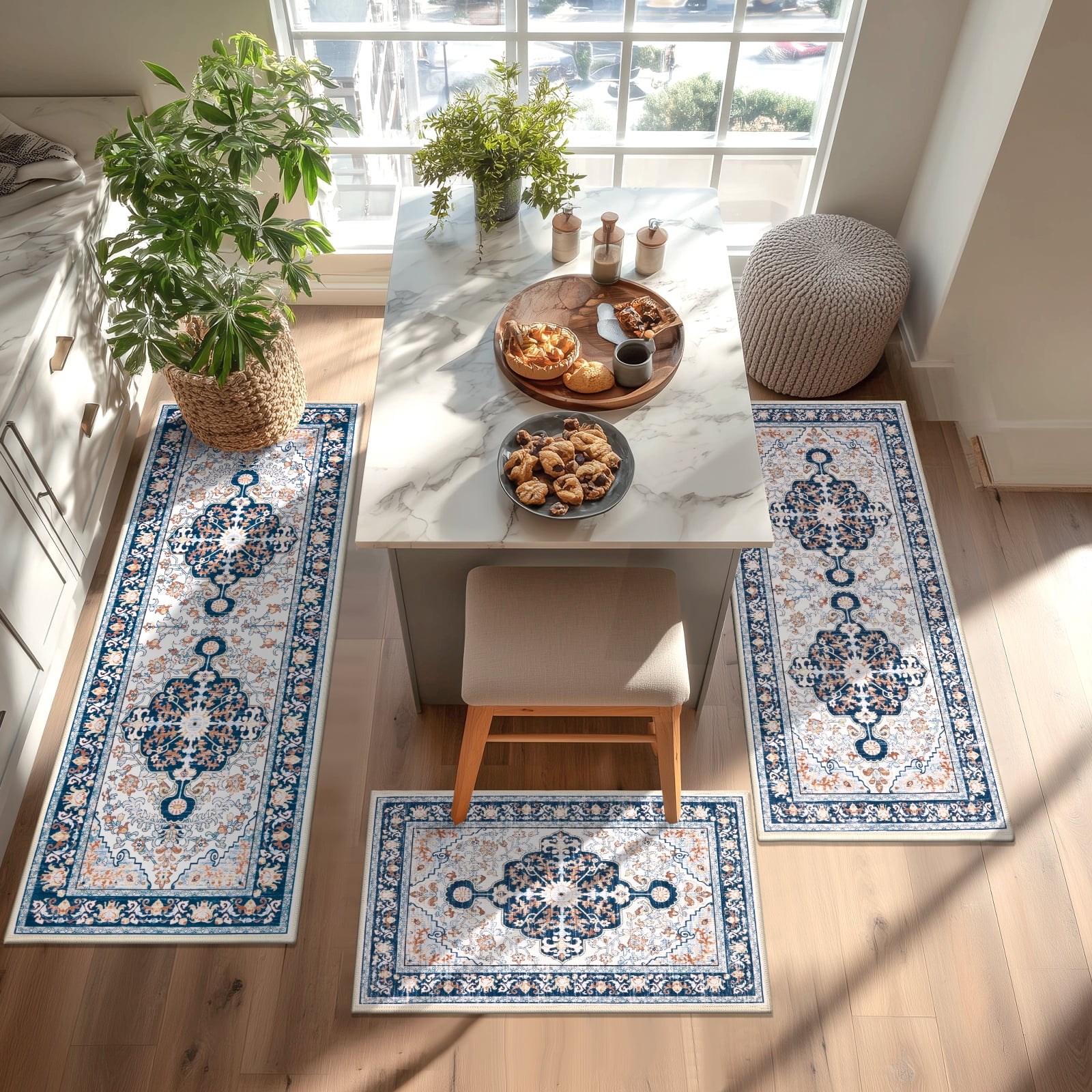 Kitchen Rug and Mat, Yamaziot Boho Kitchen Rug Set of 3, Non Slip Washable Farmhouse Floor Mat Hallway Runner, Laundry Room Carpet