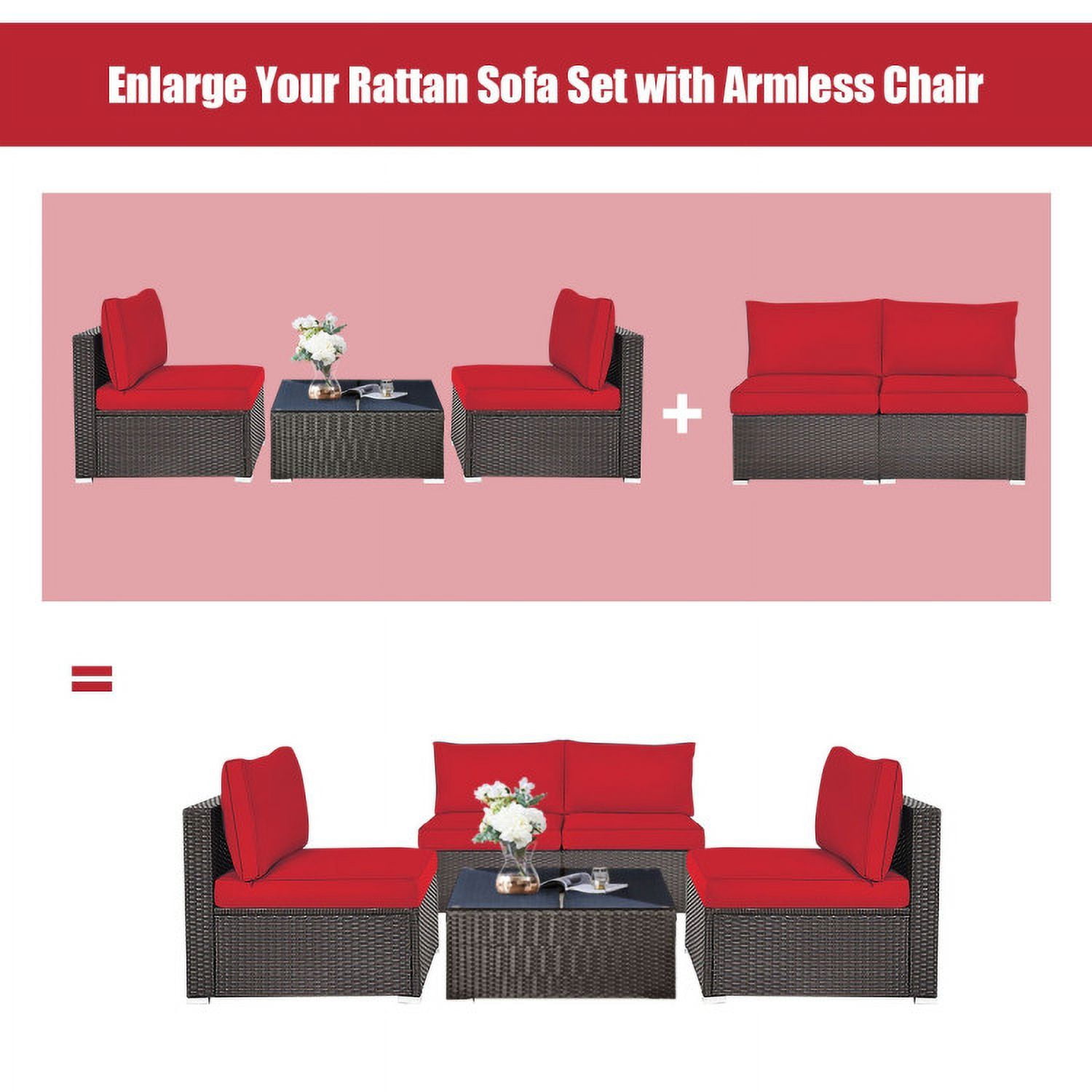 Aimee Lii 2 Pieces Patio Rattan Armless Sofa Set with 2 Cushions and 2 Pillows, Outdoor Patio Set, Red Aimee Lii 2 Pieces Patio Rattan Armless Sofa Set with 2 Cushions and 2 Pillows, Outdoor Patio Set, Red