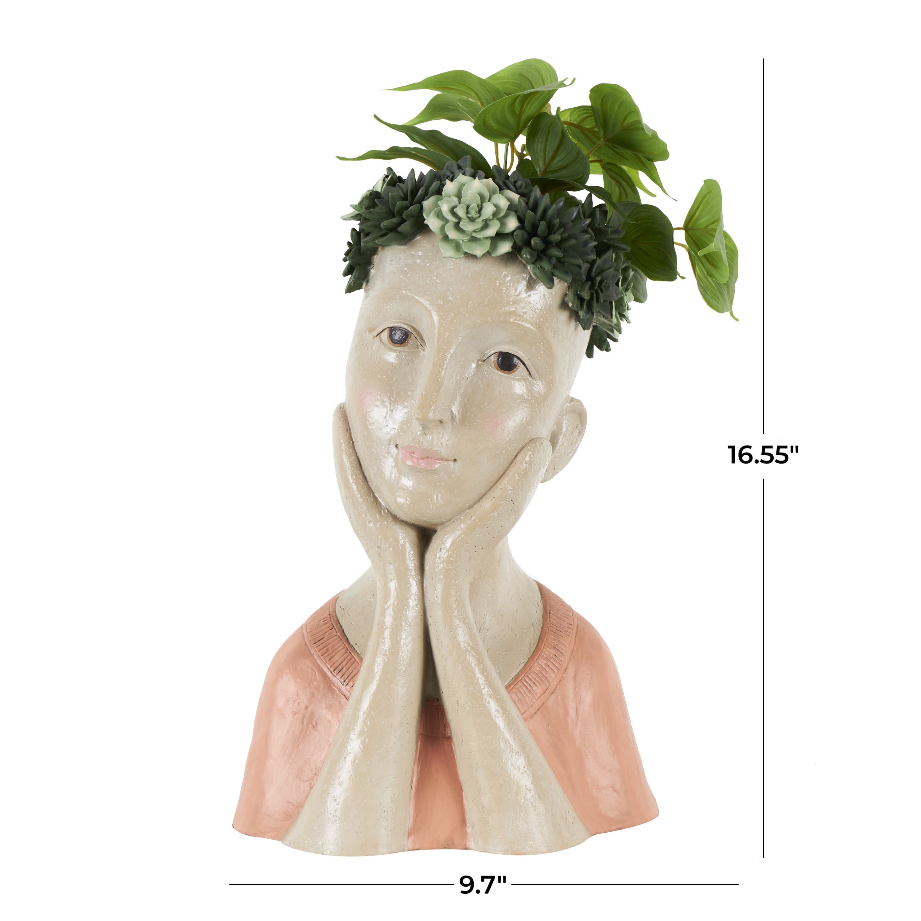 DecMode 10" x 17" Bust Beige Resin Woman Planter with Succulent Crown and Orange Top