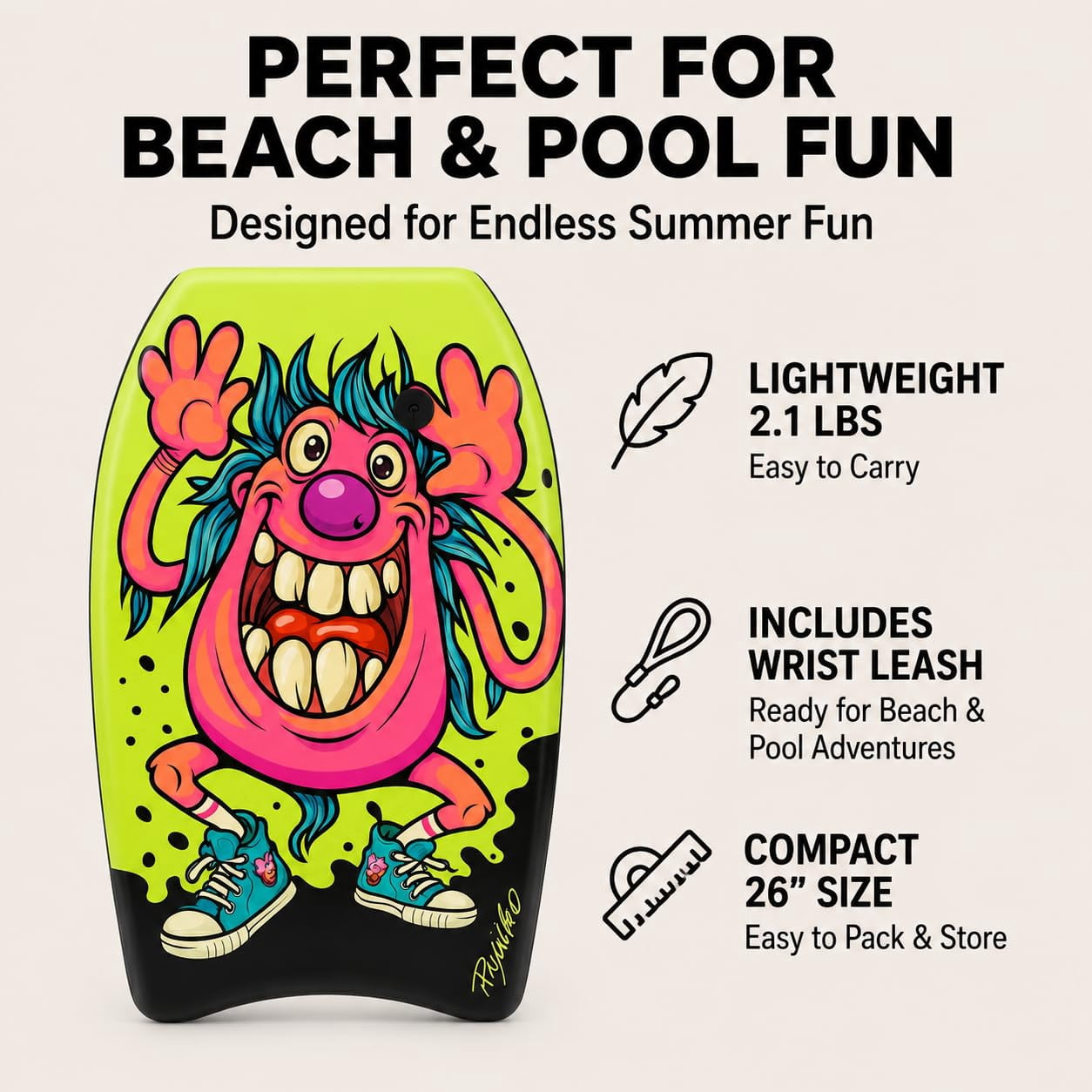 PMU 26 Inch Mermaid Printed Bodyboard - Lightweight Wrist Leash