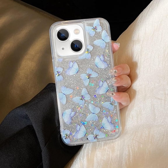 Compatible with iPhone 15 Case Cute Glitter Quicksand Butterfly Case Bling Luxury Girly Protective Shockproof Case for Girls Women Soft TPU Liquid Floating Sparkle Phone Cover, Clear