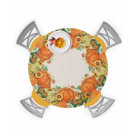 

Round Tablecloth with Elastic Thanksgiving Watercolor Pumpkin and Sunflowers Waterproof Stain-proof Table Cover Wipeable Fitted Table Cloths for 36 -44 Round Tables Dining Kitchen