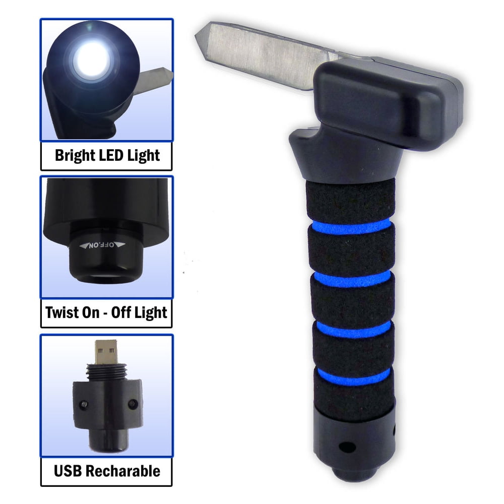 Car Door Assist Handle Bar Automotive Standing Aid Cane & Window Breaker With USB Rechargeable