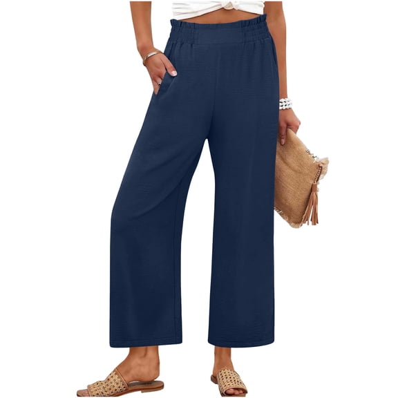 Vibrex Trousers Pants for Women Solid Color Loose Straight Leg Pants with Pockets Ruffles Pleats Elastic Waist Womens Wide Leg Sweatpants Casual Loose Pants