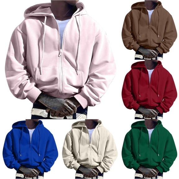 RUTAYY Men's Solid Color Zip Up Hoodie Full Zipper Loose Fit Daily Long Sleeve Hooded Tops Pink