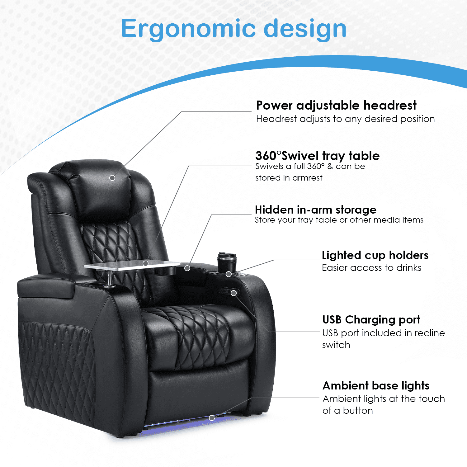 Weilianda Home Theater Seating Top Grain Leather Recliner Chair Dual Power Movie Gaming Sofa Electric Headrest with Tray Table Type-C USB Charge Cup Holders Row of 1 Black
