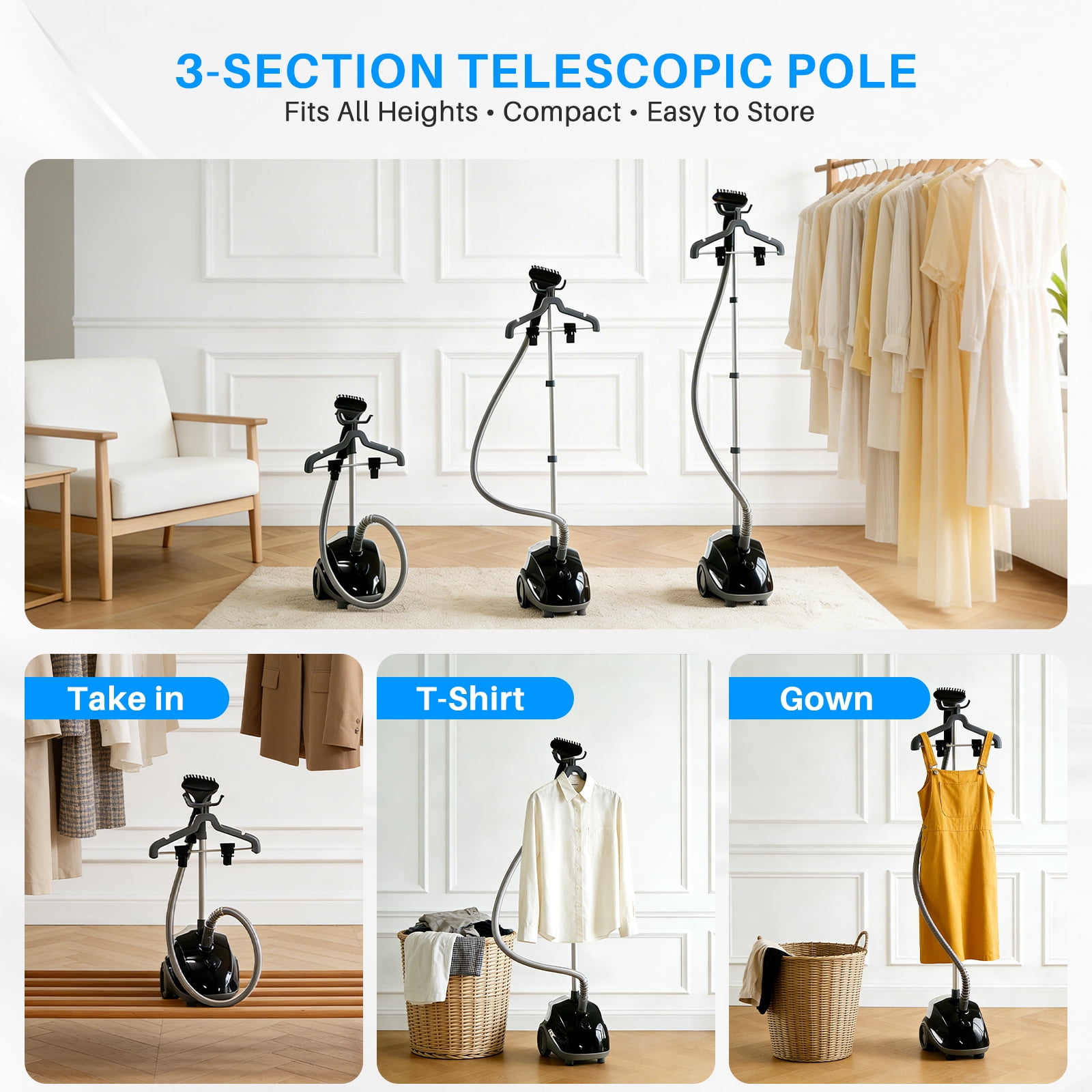 Beddle Steamer for Clothes with Stand,1500W Powerful Garment Steamer with Roll Wheels, 1.7 L Water Tank,Auto Shut-off