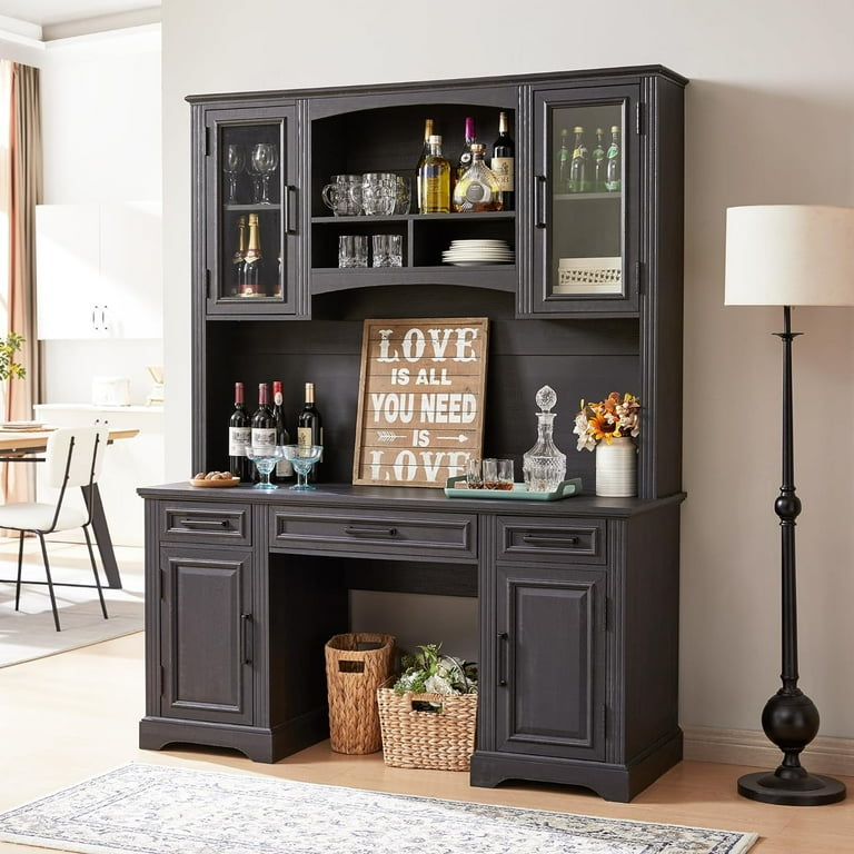 T4tream 76 High Wood Functioning Hutch Large Bar Cabinet with Office Desk Storage Charging Station