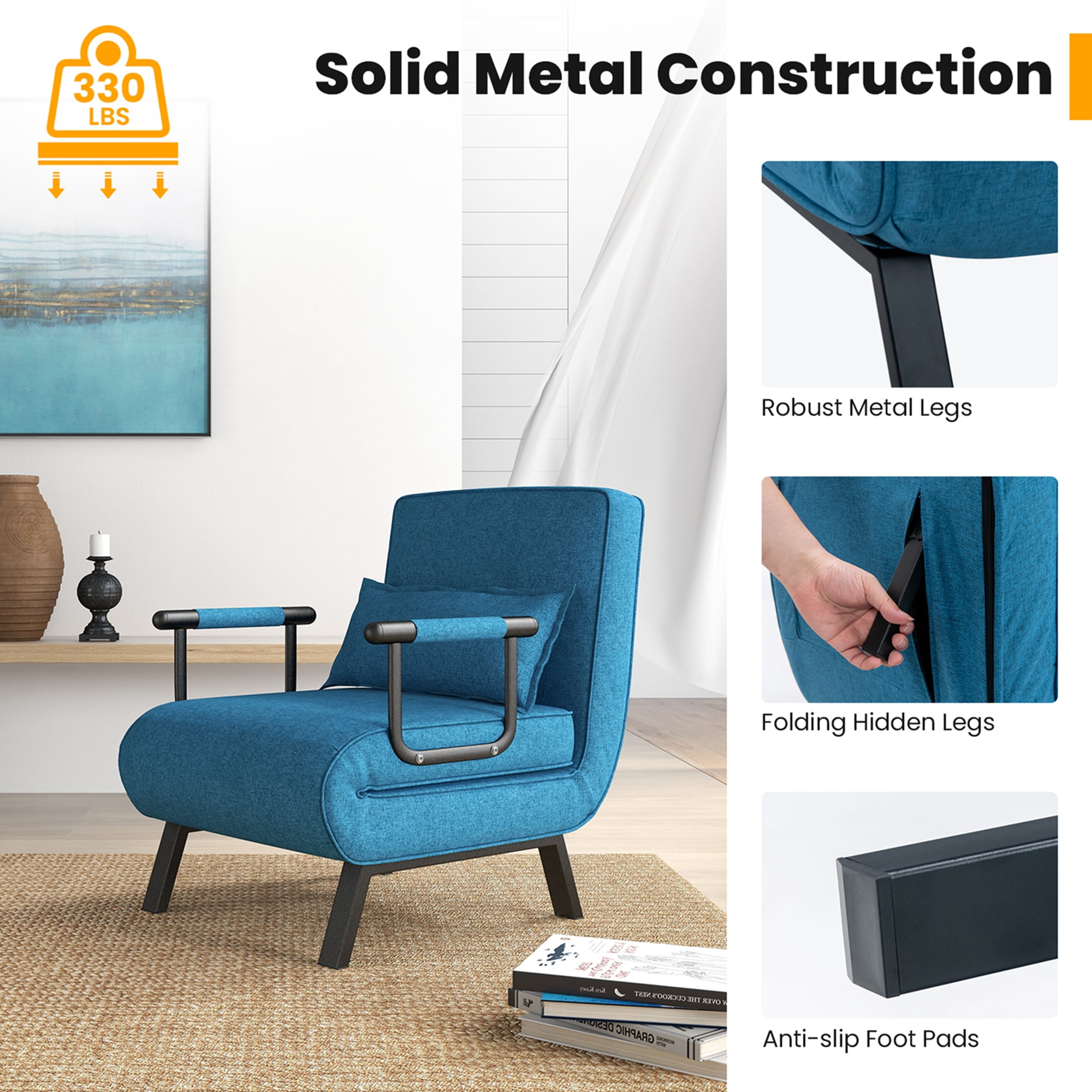 Costway Folding 5 Position Convertible Sleeper Bed Armchair Lounge Couch w/ Pillow Blue