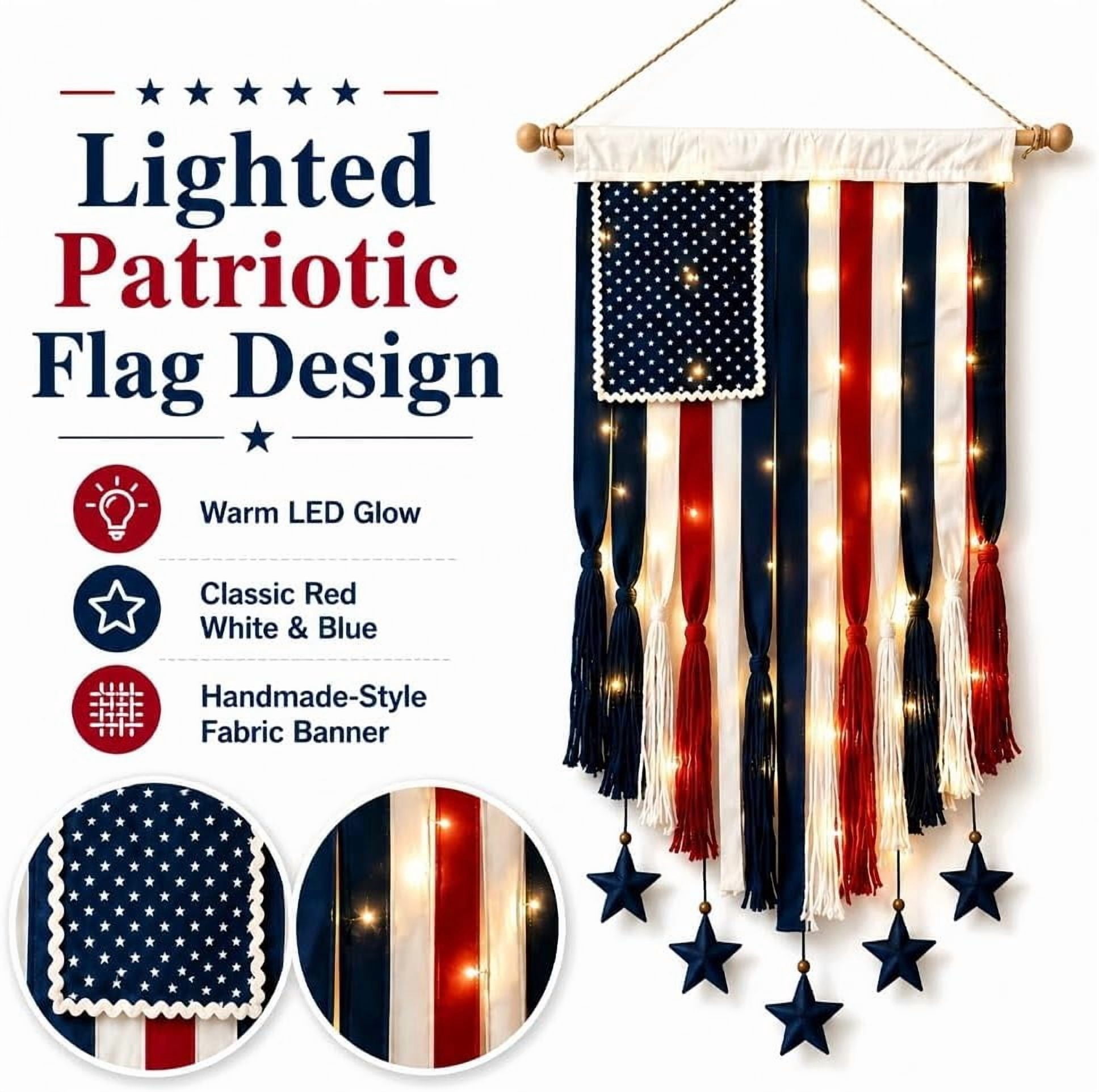 Lighted Patriotic American Flag Wall Hanging, 4 x 2.3 Ft Boho Flag with LED Lights, Retro Independence Day Bunting for Outdoor Indoor Home Porch Decor(xxw)