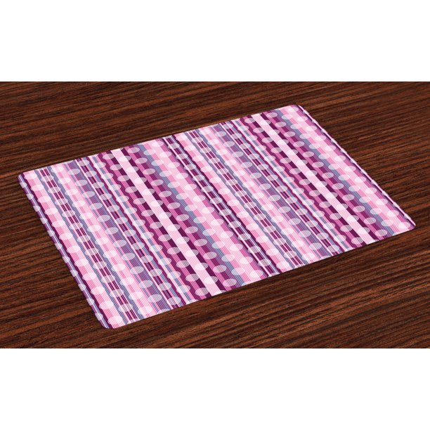 Pink Placemats Set of 4 Stripes Lines with Abstract Round Circles Art Print, Washable Fabric