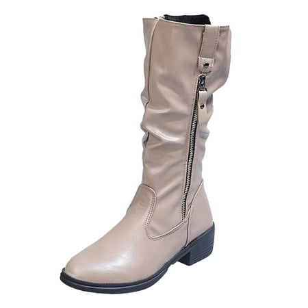 

nsendm Calf High Boots for Women Heels Round Fashion Zipper Mid Solid Women Winter Wide Calf Womens Boots Size 11 Khaki 7.5