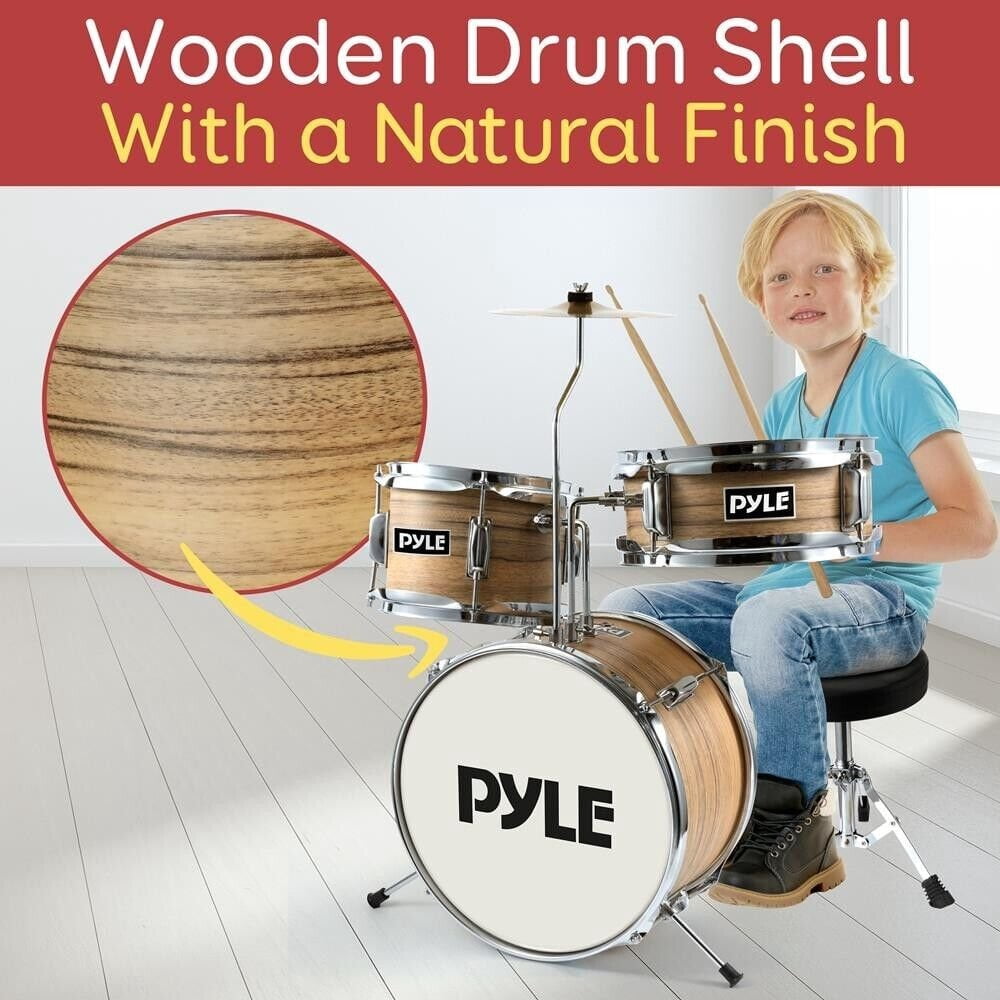 Pyle Set Ages 5-12-3 Piece Beginner Kids Drum Silencing Pads 13" Complete Junior Drummer Kit with Wooden Shells.