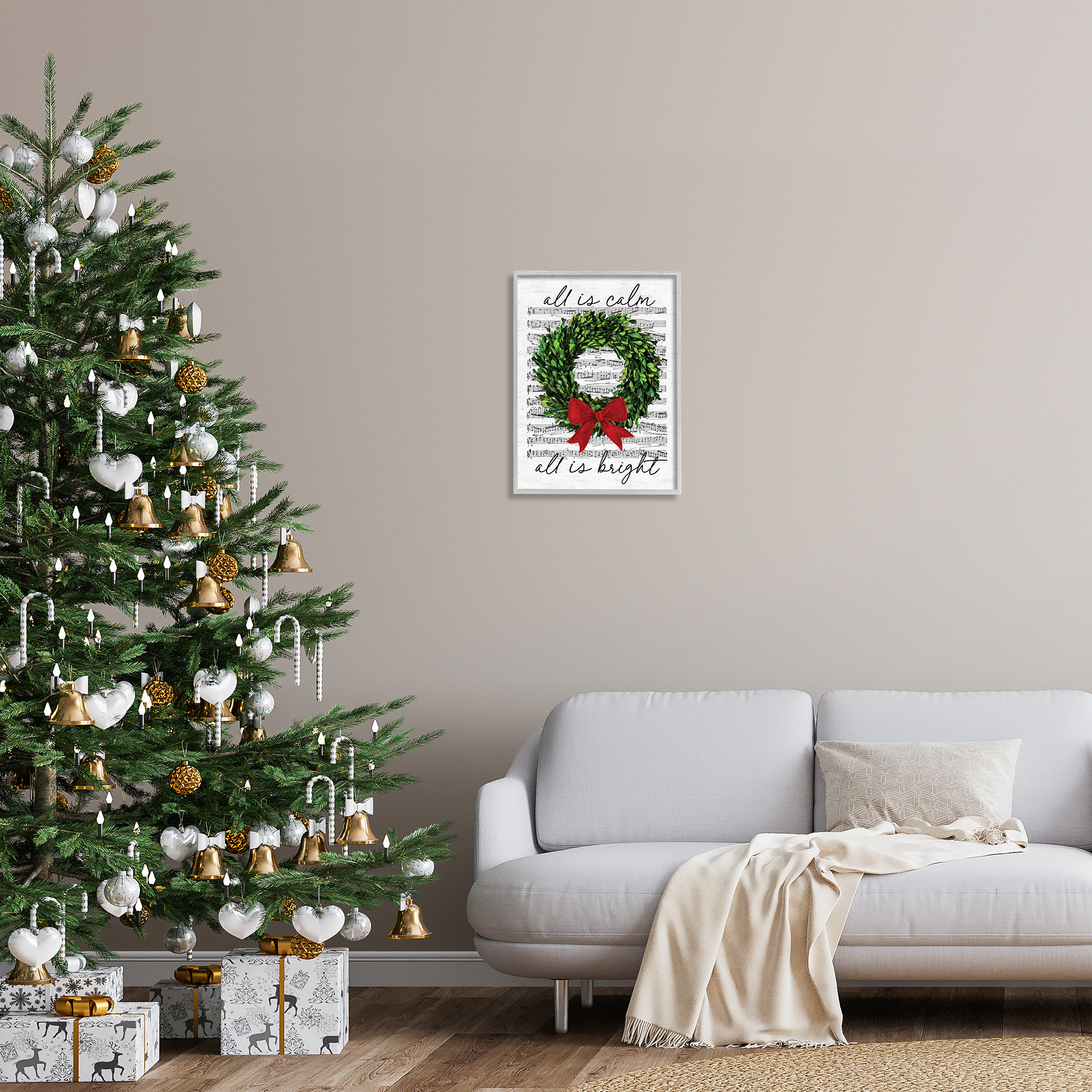 Stupell Industries All is Bright Holiday Music Holiday Painting Gray Framed Art Print Wall Art, 16 x 20