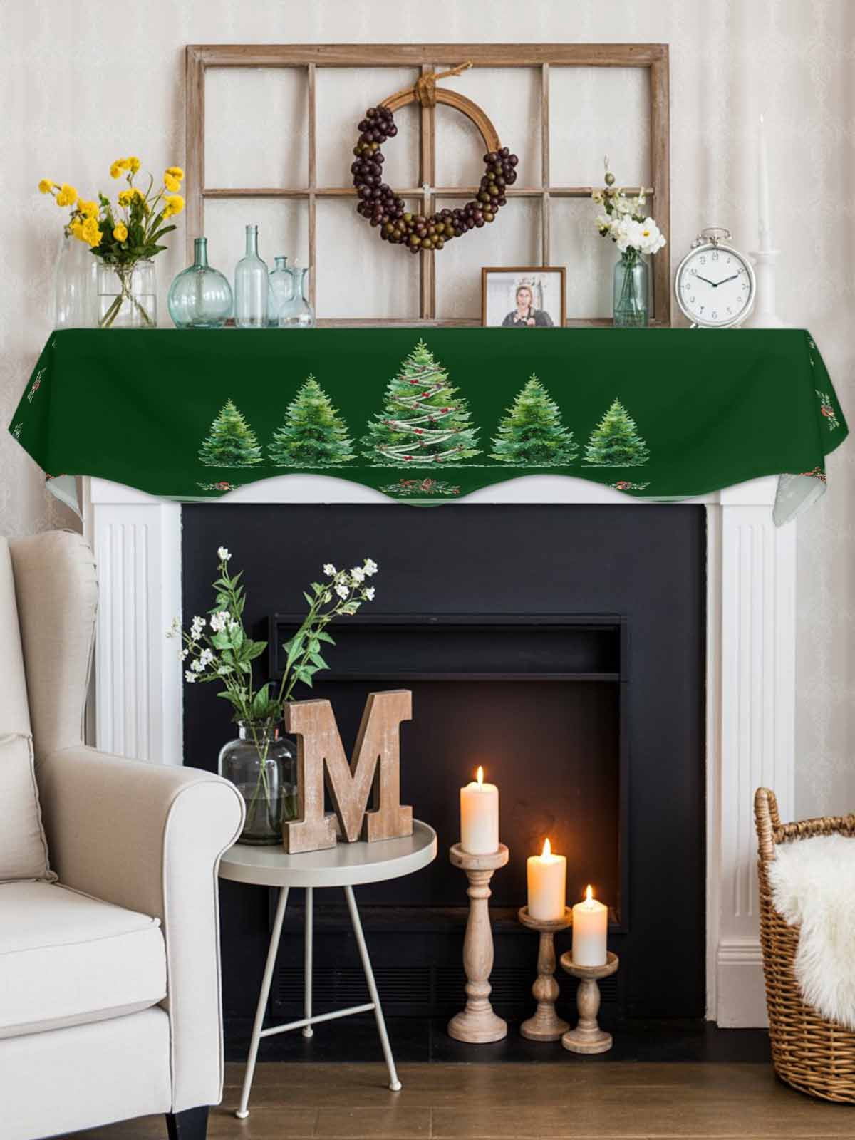 Green Christmas Tree Fireplace Mantle Scarf, Snowflake Xmas Botanical Berry Mantel Cover Table Runner for Home Living Room Door Window, Indoor Outdoor Holiday Party Decor 17" x 60"