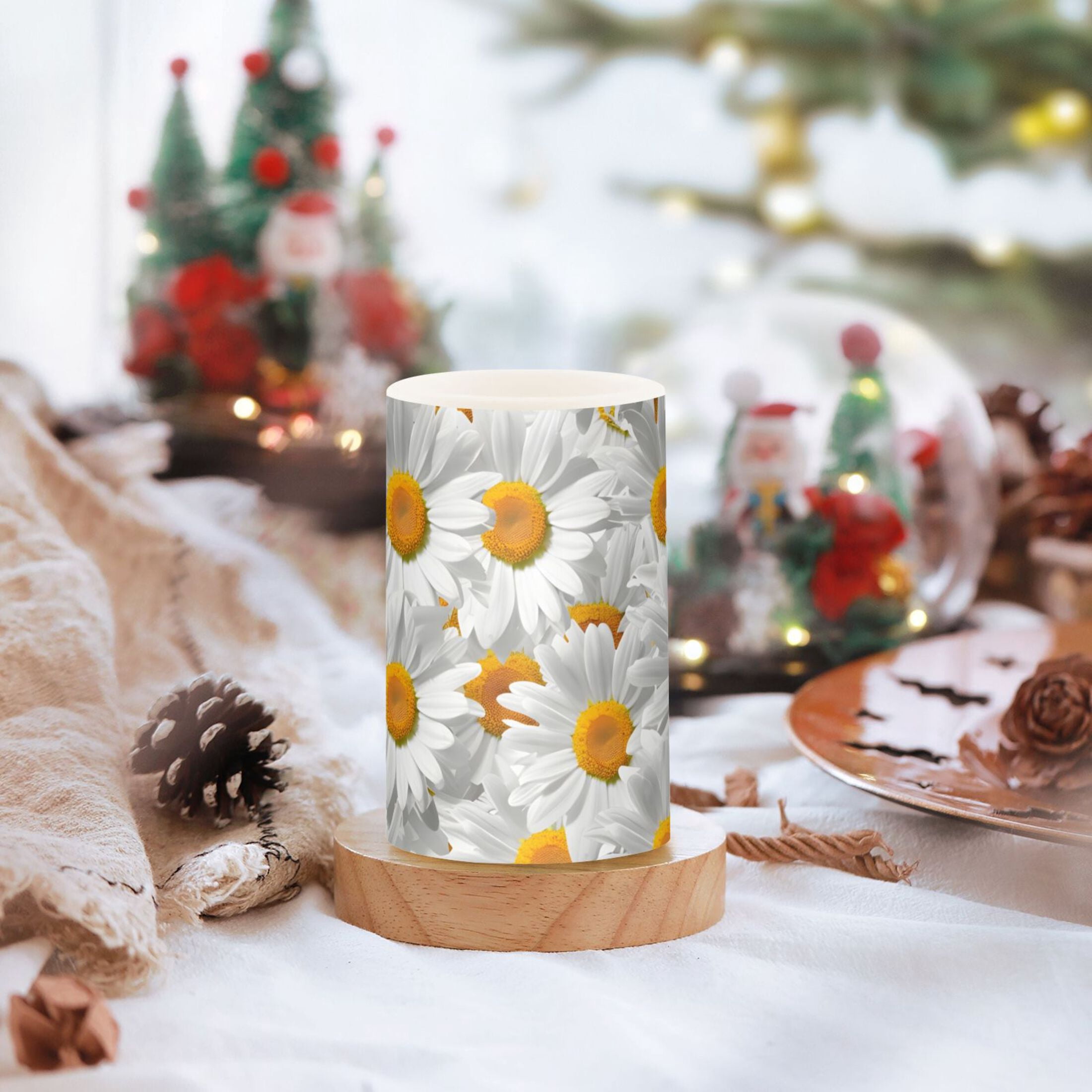 Cute Little Daisies Flickering Flameless LED Candles set of 2 Battery Operated 18-Key Remotes Timer Halloween Fall Decor D3''xH4''5''