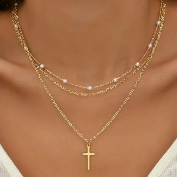 Cross Necklace For Women 14K Gold & Silver Plated Cross Pendant Necklace Trendy Cross Pendant Chain Necklace Minimalist Daily Decoration Jewellery For Women Dainty Religious Gift[o5363]