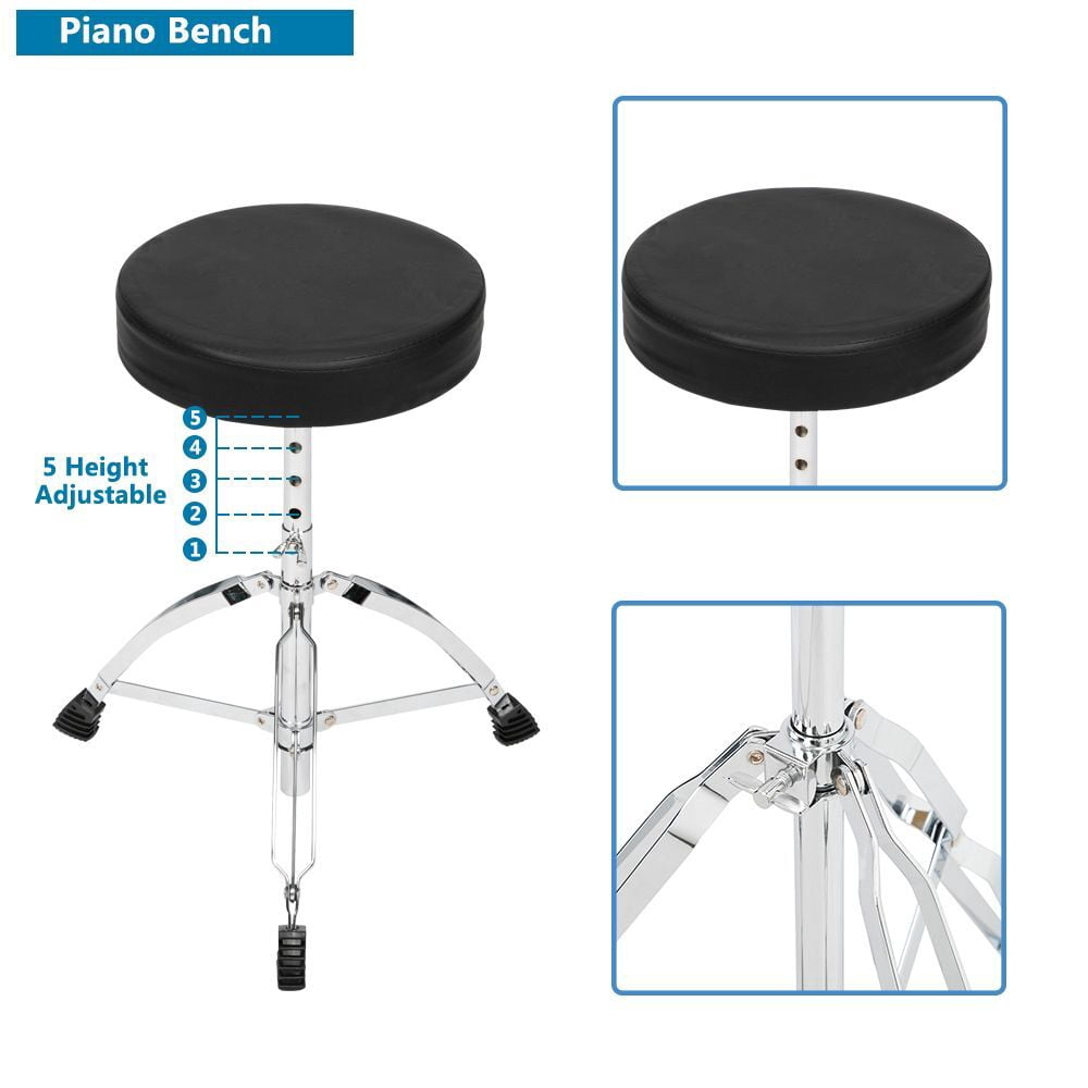 5-Piece Full Size Adult Drum Set with Bass Drum/Tom Drum/Snare Drum/Floor Tom/Ride Cymbal - Complete Professional Percussion Kit with Stainless Steel Hardware and Height Adjustable Stool - Black