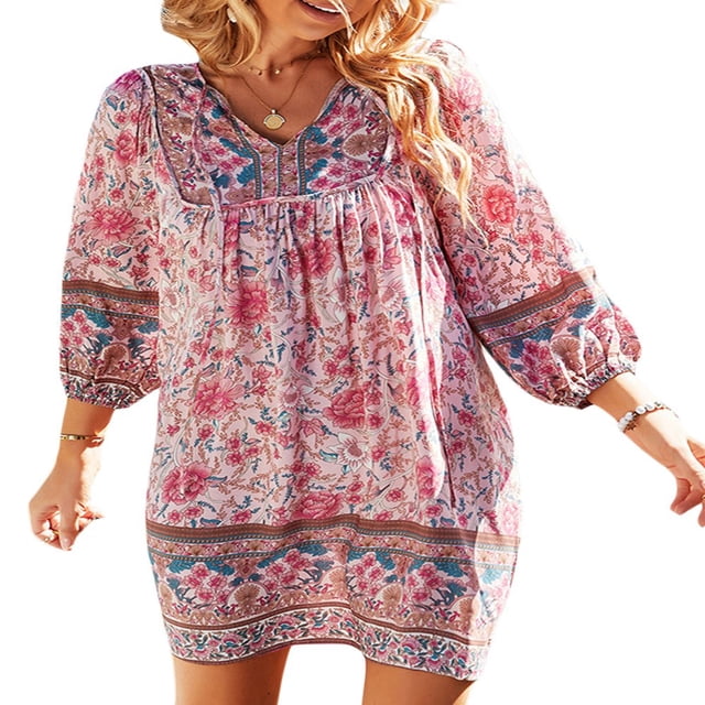 EIMELI Femmes Été Boho Imprimé Floral Robe 3/4 Manches V Cou Décontracté Plage Fluide Mini Robes