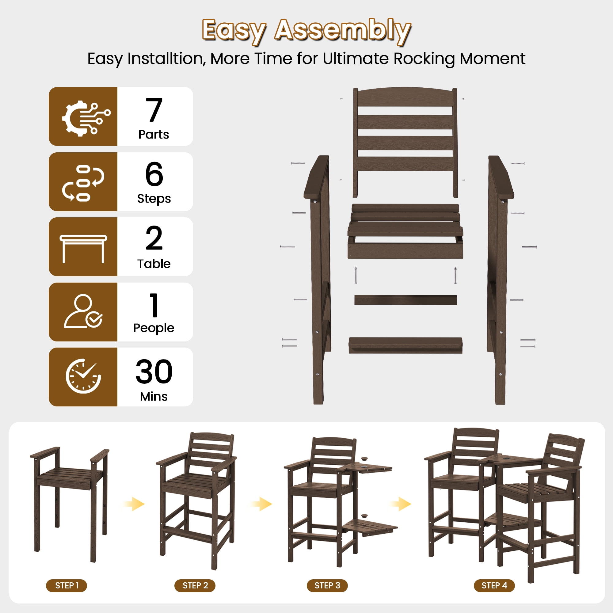 SERWALL Tall Adirondack Chairs Set of 2 with Connecting Table, HDPE Adirondack Outdoor Barstools, Coffee