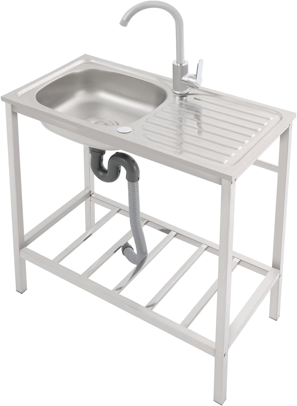 Stainless Steel Utility Sink, 29.5*15.7*29.5 in Free Standing Single Bowl Kitchen Sink with Hot and Cold Faucet & Storage Shelf, Indoor/Outdoor Washing Hand Basin Station for Restaurant